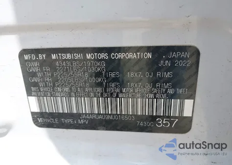 2022 Mitsubishi Outlander Sport 2.0 Be Awc из США, поврежденный, VIN JA4ARUAU9NU016503